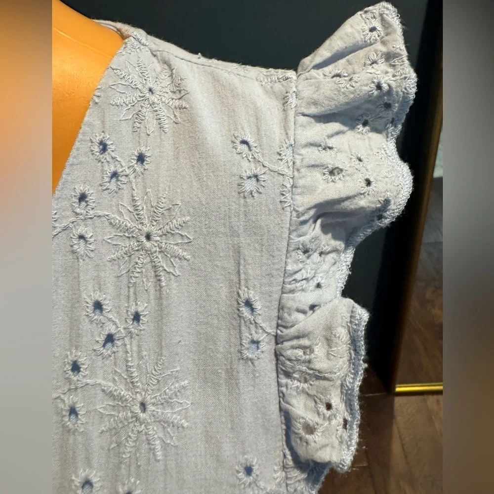 Andrée by Unit Eyelet Cotton Mini Dress Small Blue Cottagecore Ruffle Sleeve - Picture 4 of 9